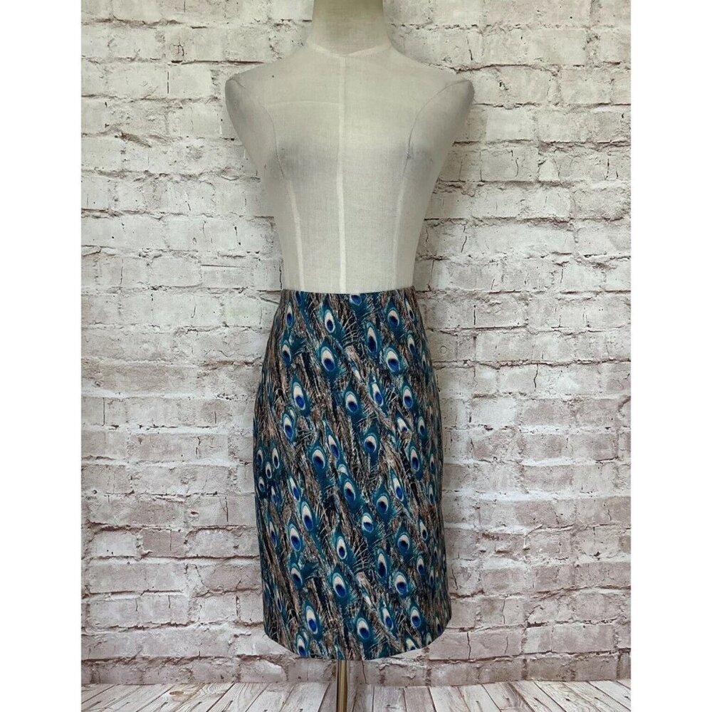 Talbots Petites 2P Peacock Feather Pencil Skirt Teal Blue Stretch Classic Office